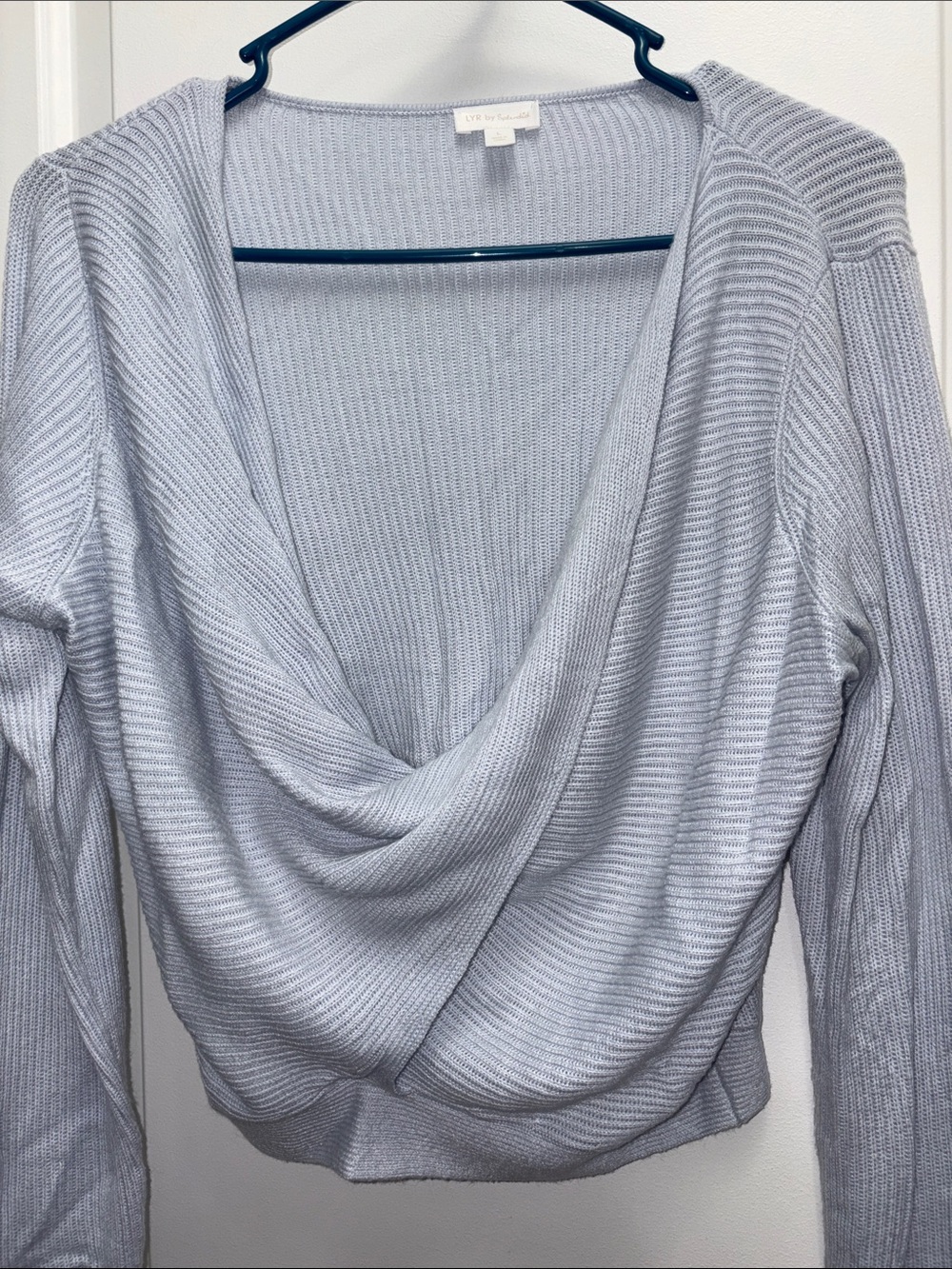 LYR by Splendid Cashmere Blend Rib Knit Wrap Sweater Blue Draped Surplice Top L - Picture 3 of 7